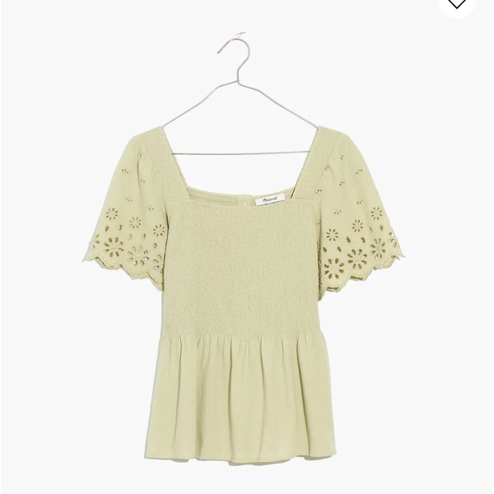 [LIKE NEW] Madewell Eyelet-Sleeve Kate Smocked Top (Faded Seagrass)